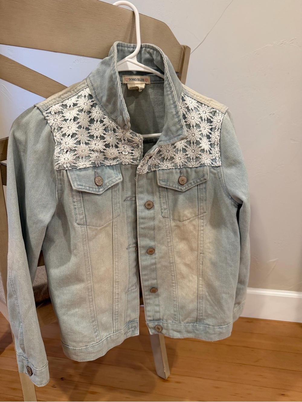 SOHO BLVD Light Wash Denim Jacket with White Lace Yoke